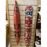 TWO LARGE TRIBAL ART MASK RED PAINTED WALL HANGINGS