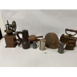 A COLLECTION OF ASSORTED ITEMS, INCLUDING VINTAGE HELMET (PROBABLY FIRE BRIGADE) A SET OF BELLOWS,