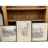 THREE FRAMED AND GLAZED PRINTS OF PENCIL SKETCHES OF LONDON MARKETS NAMELY LEADENHALL, SHEPHERD'S