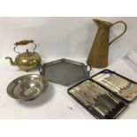 A QUANTITY OF BOXED CUTLERY INCLUDING VINERS AND COMMUNITY TOGETHER WITH A BRASS JUG, KETTLE AND