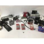 A LARGE QUANTITY OF VINTAGE CAMERAS AND EQUIPMENT INCLUDING OLYMPUS TRIP AF50, SAMSUNG AND