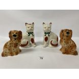 A PAIR OF STAFFORDSHIRE STYLE CERAMIC DOGS AND A SIMILAR PAIR OF CATS, LARGEST 20.5CM HIGH