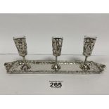 A MEXICAN 925 SILVER RECTANGULAR TRAY WITH PIERCED BORDER AND THREE MATCHING LIQUEUR GLASSES, SILVER