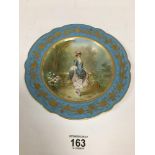 TWO 19TH CENTURY FRENCH PORCELAIN WALL PLATES WITH PAINTED SCENES OF PEOPLE IN PERIOD DRESS,