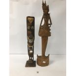 AN AFRICAN CARVED WOODEN FIGURE, TOGETHER WITH ANOTHER, LARGEST 63CM HIGH