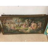 A LARGE ANTIQUE FRAMED AND GLAZED PRINT OF COLOURFUL MUSES IN WOODLAND