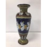 A DOULTON LAMBETH STONEWARE VASE DECORATED WITH FLORAL MOTIF'S THROUGHOUT, 28CM HIGH