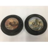 TWO LATE 19TH/EARLY 20TH CENTURY PAINTED CERAMIC LIDS OF CIRCULAR FORM, ONE MOUNTED IN WOODEN FRAME,