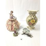 THREE CAPODIMONTE CERAMIC ITEMS, COMPRISING A LARGE VASE AND TWO FIGURES, LARGEST 33CM HIGH,