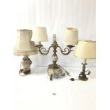 A VINTAGE FRENCH TWO ARM CANDELABRA TABLE LAMP, 45CM HIGH, TOGETHER WITH TWO OTHER SMALLER TABLE