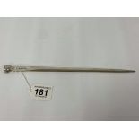 A LARGE SOLID SILVER MEAT SKEWER, HALLMARKED LONDON 1938, MAKERS MARK RUBBED, 28CM LONG, 73G