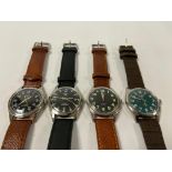 FOUR VINTAGE HMT MILITARY STYLE WRISTWATCHES, ALL STAINLESS STEEL CASED WITH LEATHER STRAPS