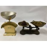 A SET OF SALTER COOKERY SCALES NO 30C, 16CM HIGH, TOGETHER WITH A SET OF EARLIER SCALES WITH VARIOUS