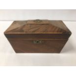 A REGENCY MAHOGANY SARCOPHAGUS SHAPED TEA CADDY WITH UNUSUAL BRASS ESCUTCHEON AND FINIAL, 28CM