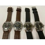 FOUR VINTAGE HMT MILITARY STYLE WRISTWATCHES, ALL STAINLESS STEEL CASED WITH LEATHER STRAPS