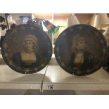 TWO FRENCH PAINTED METAL PLATES, EACH DEPICTING A LADY IN PERIOD DRESS, 32CM DIAMETER