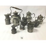 A COLLECTION OF PEWTER ITEMS, INCLUDING TANKARDS, TEAPOTS, POURING VESSELS AND MORE