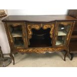 A VINTAGE DECORATIVE SIDEBOARD WITH DETAILED INLAY AND ORMALU MOUNTS, NEEDS ONE PIECE OF GLASS
