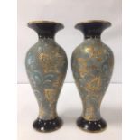 A PAIR OF ROYAL DOULTON GLAZED STONEWARE VASES OF BALUSTER FORM, 23CM HIGH