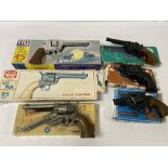 SIX VINTAGE TOY CAP GUN REVOLVERS INCLUDING PHANTOM BY EDISON, ALL BOXED