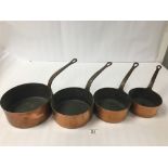 FIVE COPPER AND BRASS SAUCEPANS OF GRADUATED FORM, LARGEST 43CM WIDE