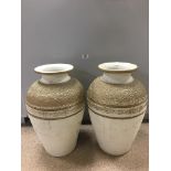 A PAIR OF LARGE POTTERY VASES WITH GILT DETAILING, 52CM HIGH