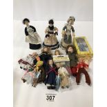 A QUANTITY OF DOLLS' HOUSE DOLLS SOME WITH STANDS AND ALL WITH COSTUMES, SOME VICTORIAN
