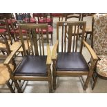 A PAIR OF VINTAGE OAK ARTS & CRAFTS ARM CHAIRS BY PIONEER STORES LIVERPOOL.