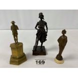 A GROUP OF THREE BRONZE FIGURES, INCLUDING AN ART NOUVEAU LADY, LARGEST 14CM HIGH