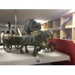 TWO LARGE BRASS FIGURES, COMPRISING AN EAGLE AND A HORSE AND CART, LARGEST 33CM HIGH