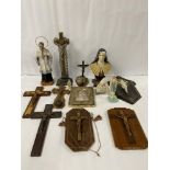A COLLECTION OF FRENCH CHRISTIAN RELIGIOUS ITEMS, INCLUDING CRUCIFIXES, FIGURES OF MOTHER MARY AND