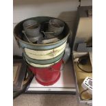 TWO FRENCH WATER BUCKETS, ONE BEING RED ENAMEL, TOGETHER WITH FOUR SMALL GALVANIZED METAL MILK