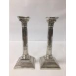 A PAIR OF LARGE CLASSICAL CORINTHIAN COLUMN CANDLESTICKS, HALLMARKED SILVER BIRMINGHAM 1968 BY