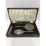 A SILVER FOUR PIECE DRESSING TABLE SET WITH ENGINE TURNED DECORATION THROUGHOUT, HALLMARKED