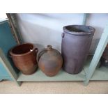 THREE LARGE STONEWARE POTS, LARGEST 55CMS.