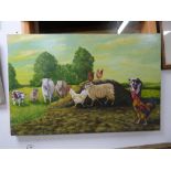 P MARCHAND AN UNFRAMED OIL ON CANVAS OF FARM ANIMALS SIGNED 91.5X60CMS.