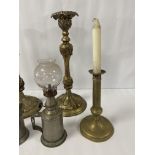 TWO PAIRS OF BRASS CANDLESTICKS, ONE BEING ADJUSTABLE, LARGEST 35.5CM HIGH, TOGETHER WITH TWO PIGEON