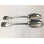 A PAIR OF LARGE EARLY VICTORIAN SILVER SERVING SPOONS, HALLMARKED LONDON 1841, UNKNOWN MAKER, 234G