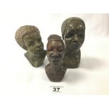 A SMALL SOAPSTONE CARVED BUST OF AN AFRICAN FIGURE, INDISTINCTLY SIGNED TO BASE, 13CM HIGH, TOGETHER