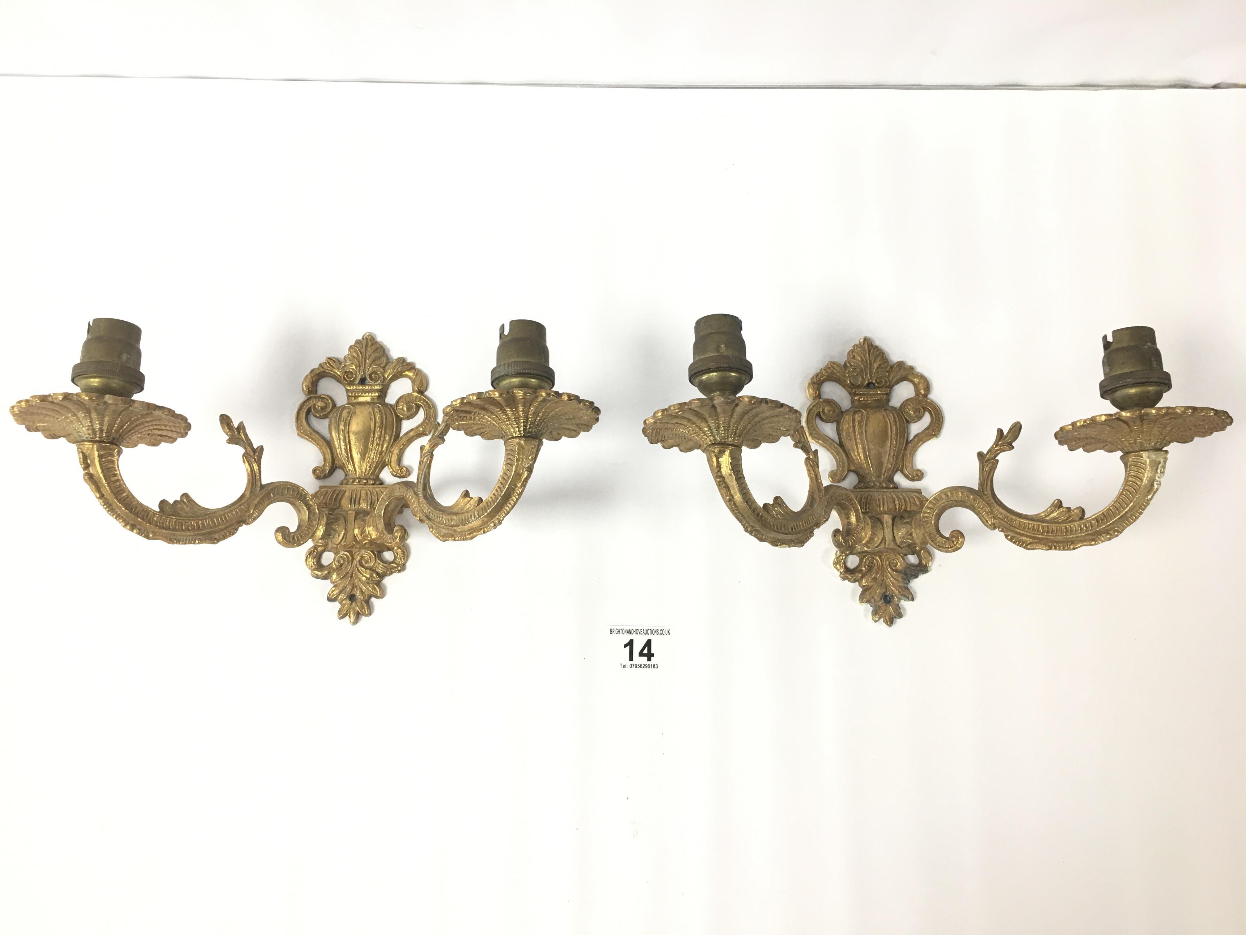 A PAIR OF BRASS TWO ARMED WALL SCONCES, 28.5CM WIDE