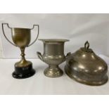 A SILVER PLATED TWIN HANDLED URN SHAPED CHAMPAGNE BUCKET, A LARGE TUREEN LID AND A SILVER PLATED