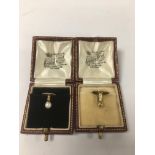 TWO 9CT GOLD CUFFLINK STUDS, ONE WITH PEARL END, BOTH IN ORIGINAL LEATHER BOXES, 2.01G