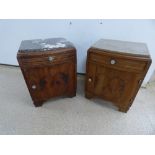 TWO FRENCH OAK BEDSIDE CABINETS WITH MARBLE TOPS.