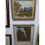 P MARCHAND TWO OILS ON BOARDS OF FRENCH CHATEAUX FRAMED, LARGEST 41X35CMS.