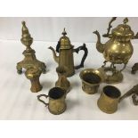 A GROUP OF BRASSWARE, INCLUDING A KETTLE ON STAND, FIGURE OF A DEER AND MORE