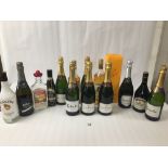 FIFTEEN BOTTLES OF ASSORTED ALCOHOL, MOST BEING SPARKLING WINE, INCLUDING A BOXED BOTTLE OF VEUVE