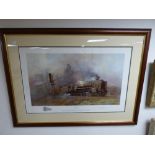 DAVID SHEPHERD A FRAMED AND GLAZED SIGNED PRINT ENTITLED 'HEAVY FREIGHT' OF A RAILWAY ENGINE