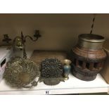 ASSORTED FRENCH COLLECTABLES, INCLUDING HEAVY WOOD CARTWHEEL LAMP BASE, MICROSCOPE WITH