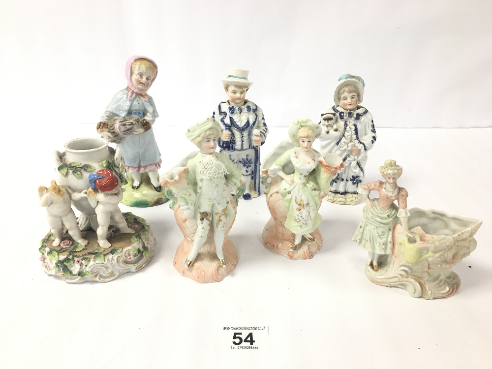 SEVEN CONTINENTAL CERAMIC FIGURES, LARGEST 18CM HIGH (SOME AF)