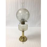 A LARGE BRASS AND GLASS OIL LAMP WITH ORIGINAL GLASS SHADES, 60CM HIGH